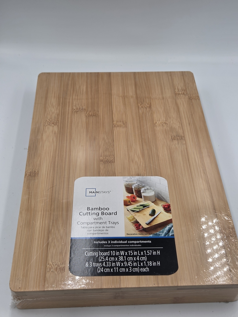 Mainstays Bamboo Cutting Board with Compartments - Natural Bamboo